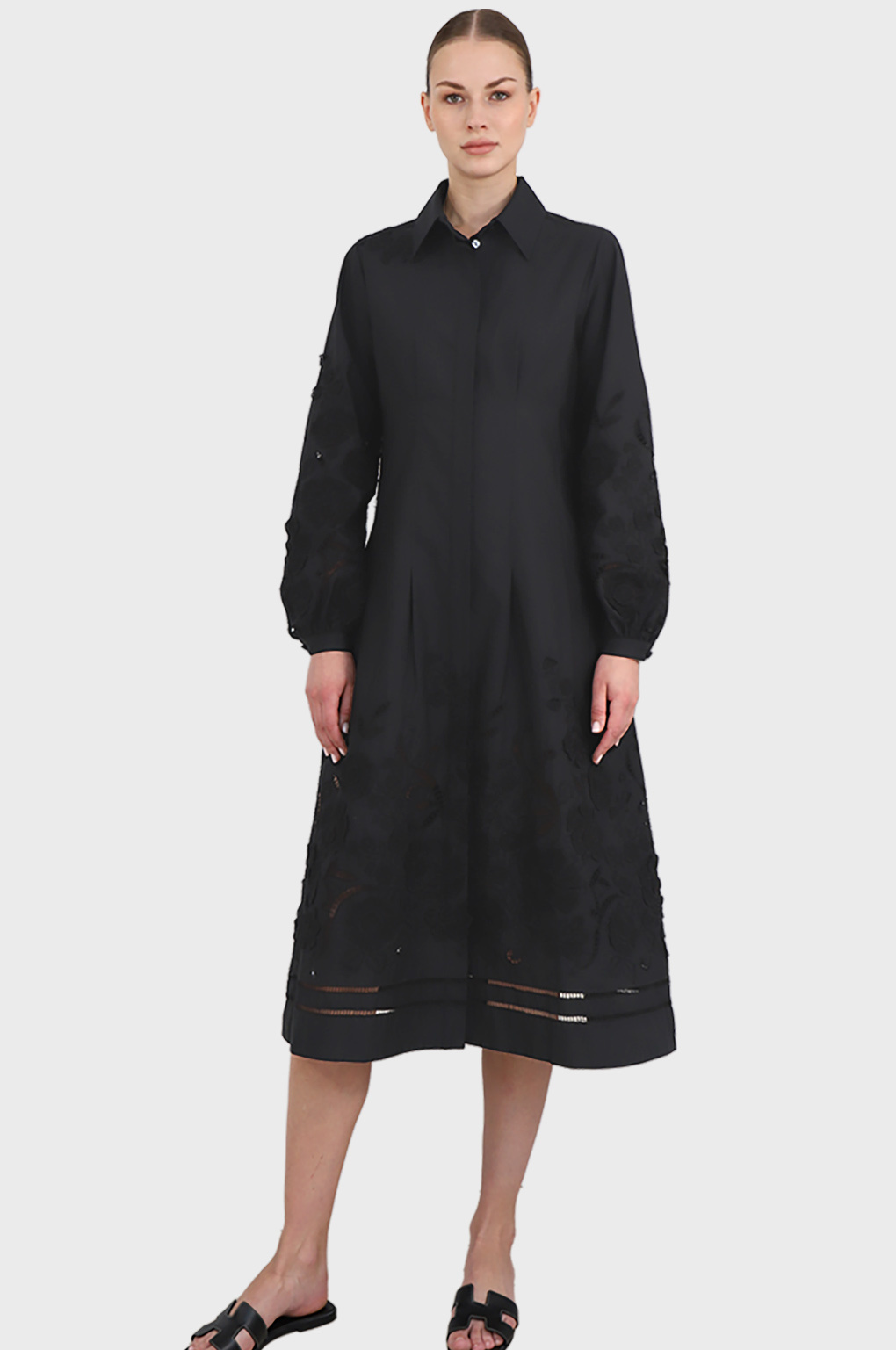 ROCOCO BUTTON DOWN SHIRT DRESS EMBROIDERY BLACK