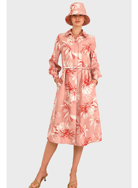 SILK SHIRT DRESS WITH BELT PRINT: DAHLIA: PINK