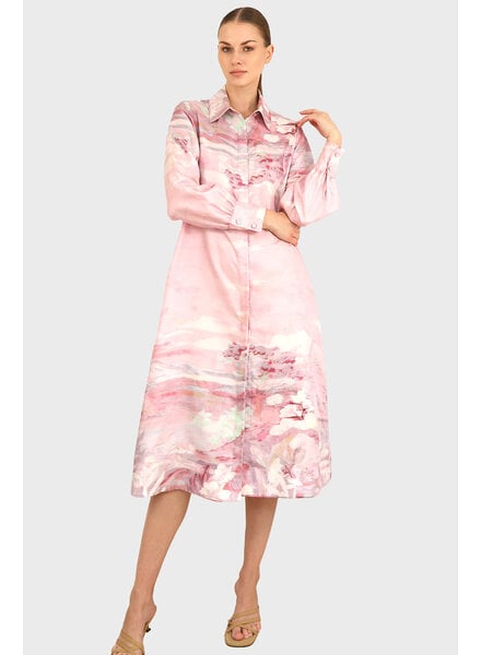 SILK SHIRT DRESS WITH BELT PRINT: EDEN: PINK