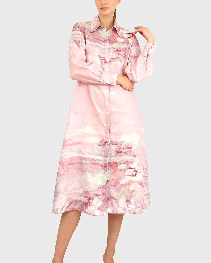 SILK SHIRT DRESS WITH BELT PRINT: EDEN: PINK - RANI ARABELLA