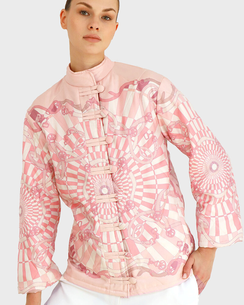 SILK PRINTED QUILTED JACKET WITH KNOT BUTTONS: FIRENZE: PINK