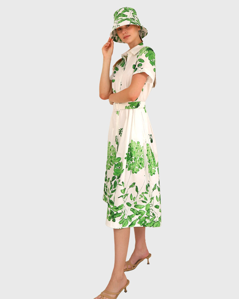 COTTON DRESS WITH BELT AND WAIST: ORTENSIA: GREEN