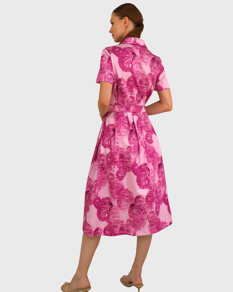 COTTON DRESS WITH BELT AND WAIST: BLOCK PAISLEY: PINK