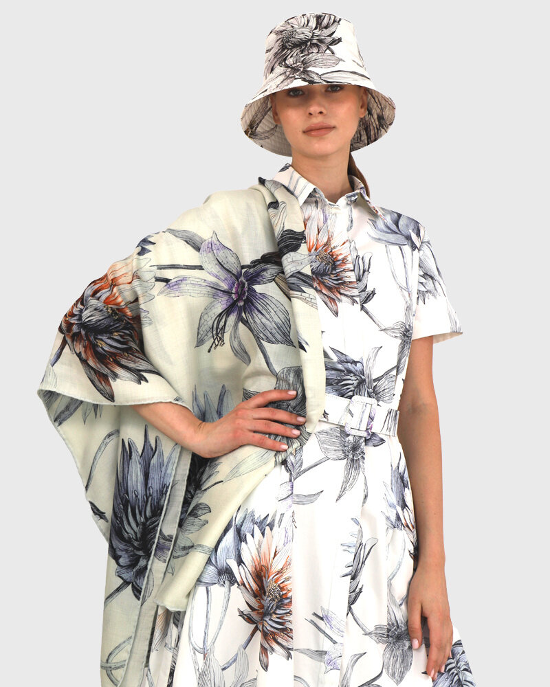 CASHMERE PRINTED SCARF: DAHLIA: IVORY