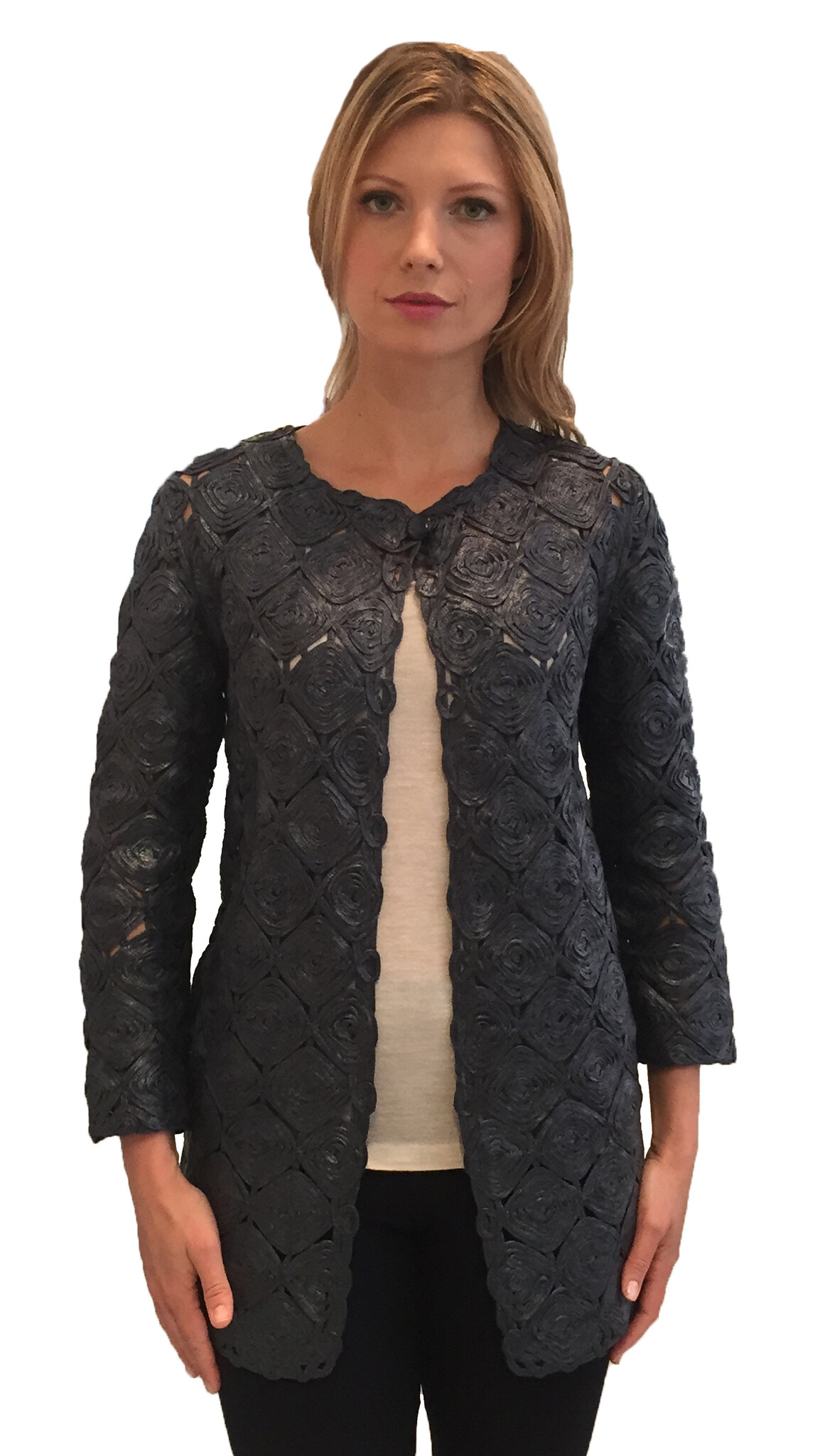 COTTON KNIT METALLIC LACE LONG JACKET BLACK