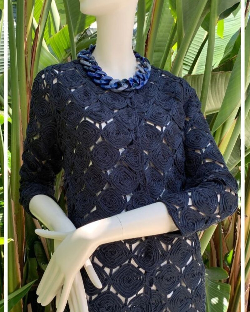 COTTON KNIT METALLIC LACE LONG JACKET NAVY BLUE