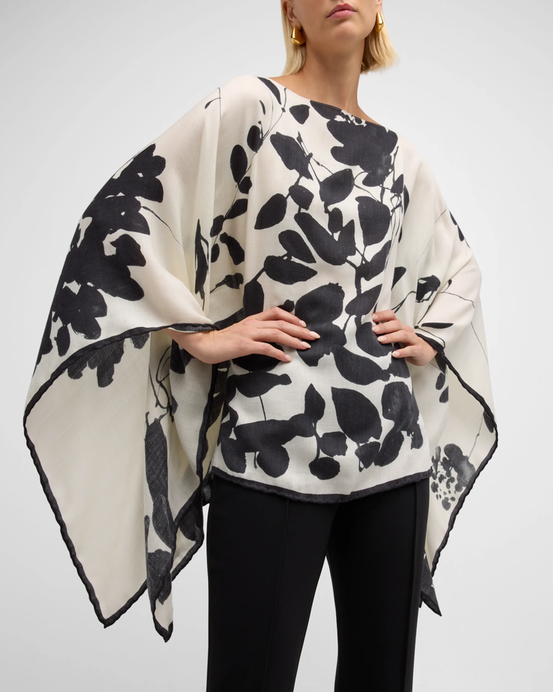 CASHMERE  PRINTED PONCHO: ORTENSIA: BLACK