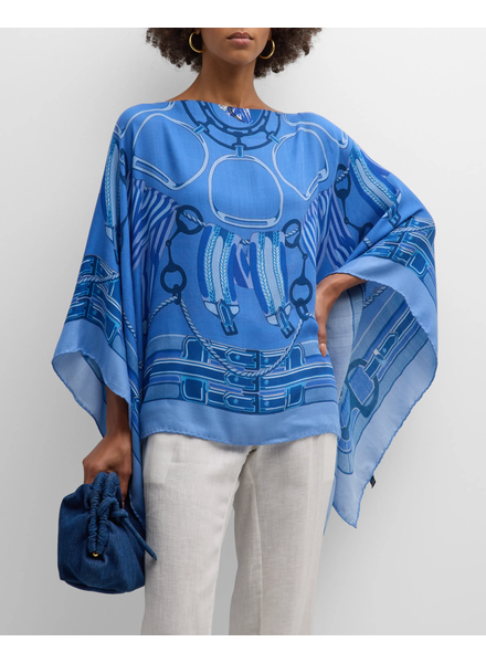 CASHMERE PRINTED PONCHO: STIRRUPS: OCEAN BLUE