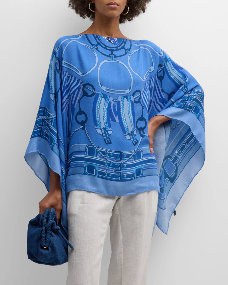 CASHMERE PRINTED PONCHO: STIRRUPS: OCEAN BLUE