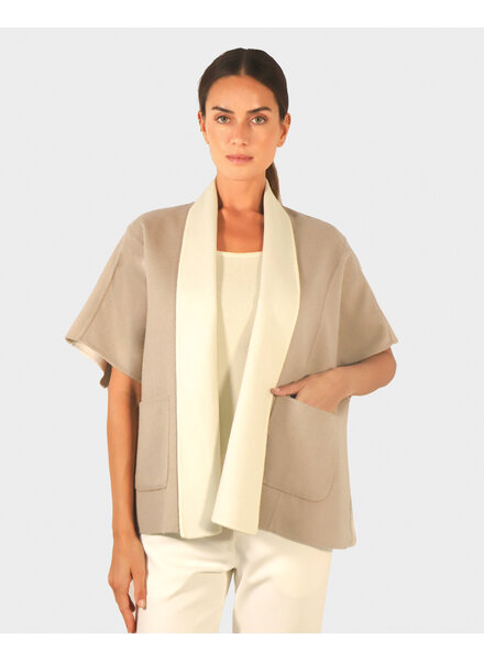 CASHMERE DOUBLE FACE  SHORT SLEEVE  REVERSIBLE JACKET: IVORY-TAUPE