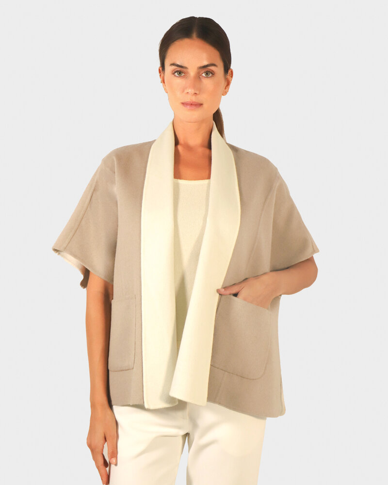 CASHMERE DOUBLE FACE  SHORT SLEEVE  REVERSIBLE JACKET: IVORY-TAUPE