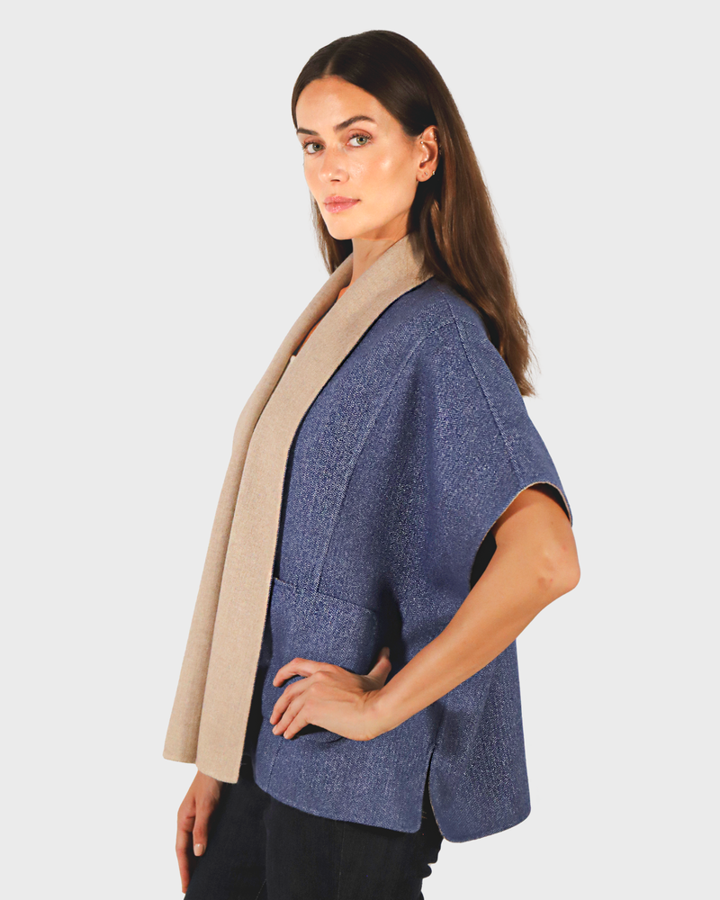 CASHMERE DOUBLE FACE  SHORT SLEEVE  REVERSIBLE JACKET: NAVY: BEIGE