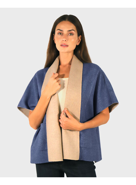 CASHMERE DOUBLE FACE  SHORT SLEEVE  REVERSIBLE JACKET: NAVY: BEIGE