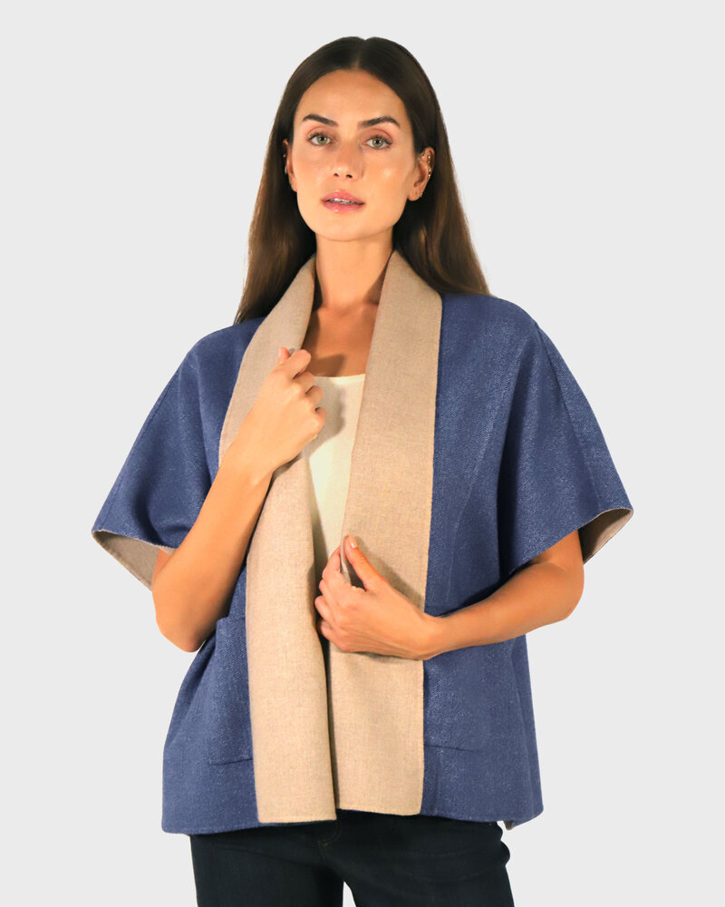 CASHMERE DOUBLE FACE  SHORT SLEEVE  REVERSIBLE JACKET: NAVY: BEIGE