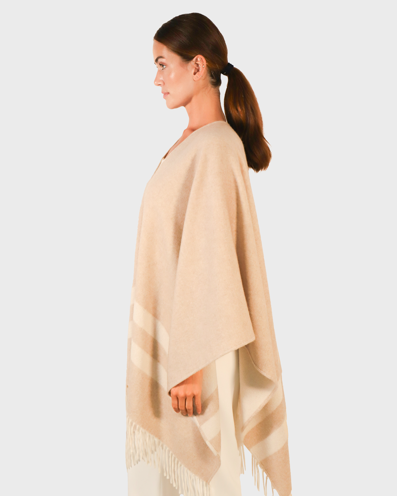 DOUBLE FACE  FRINGE REVERSIBLE SHAWL CAPE: IVORY-TAUPE