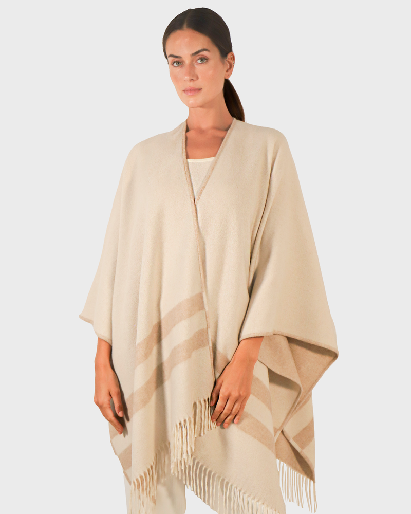 DOUBLE FACE  FRINGE REVERSIBLE SHAWL CAPE: IVORY-TAUPE