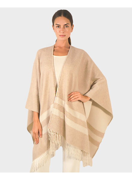 CASHMERE DOUBLE FACE  FRINGE REVERSIBLE SHAWL CAPE: IVORY-TAUPE
