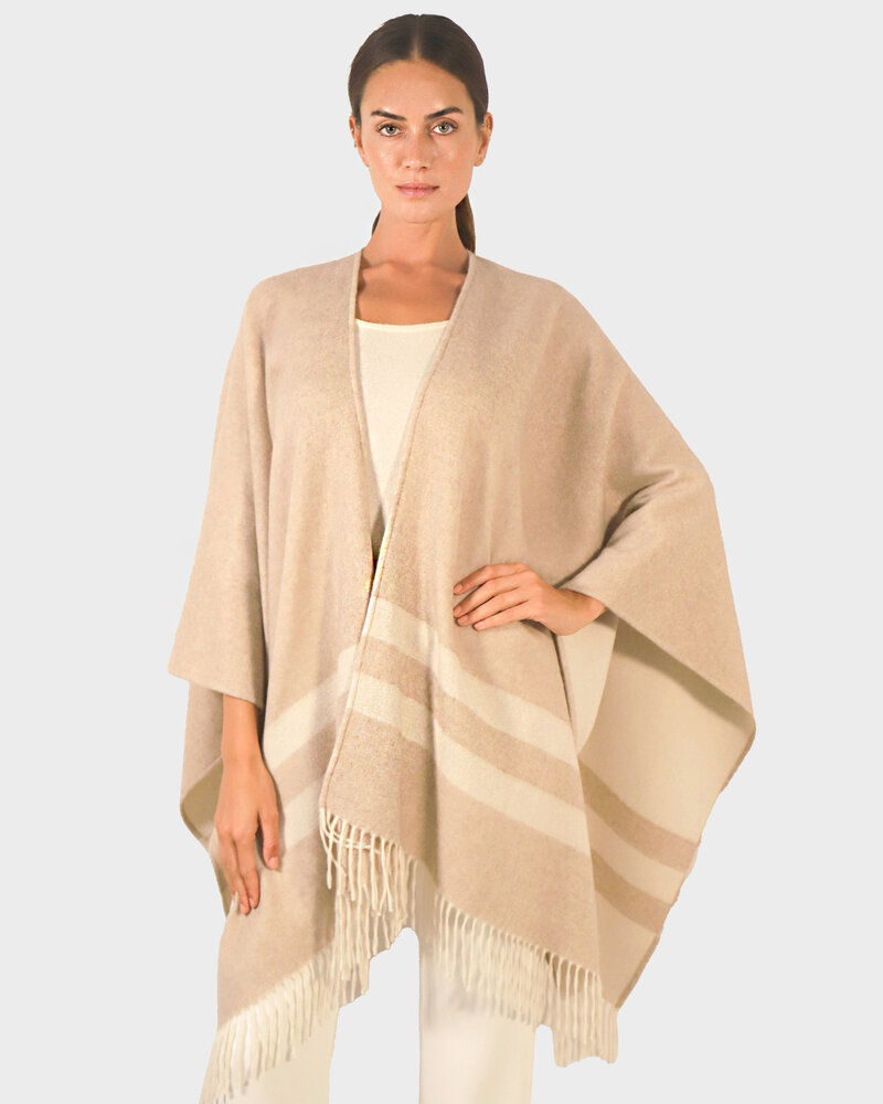 DOUBLE FACE  FRINGE REVERSIBLE SHAWL CAPE: IVORY-TAUPE
