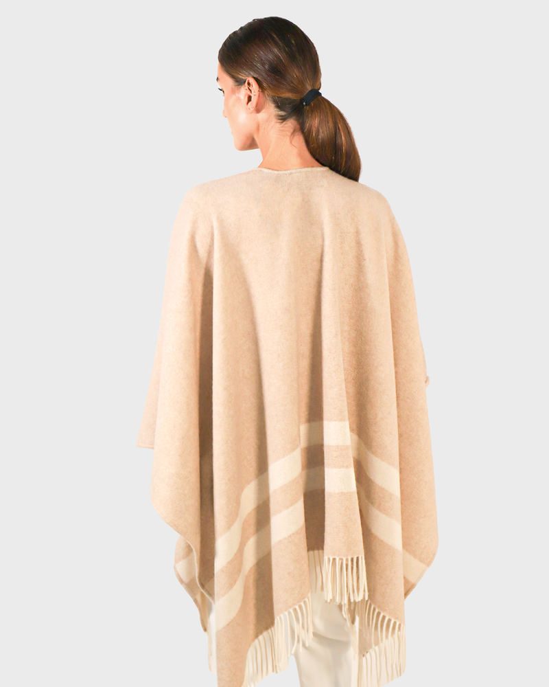 DOUBLE FACE  FRINGE REVERSIBLE SHAWL CAPE: IVORY-TAUPE