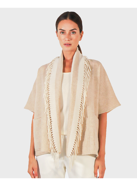 CASHMERE DOUBLE FACE  FRINGE REVERSIBLE CAPE: IVORY-TAUPE