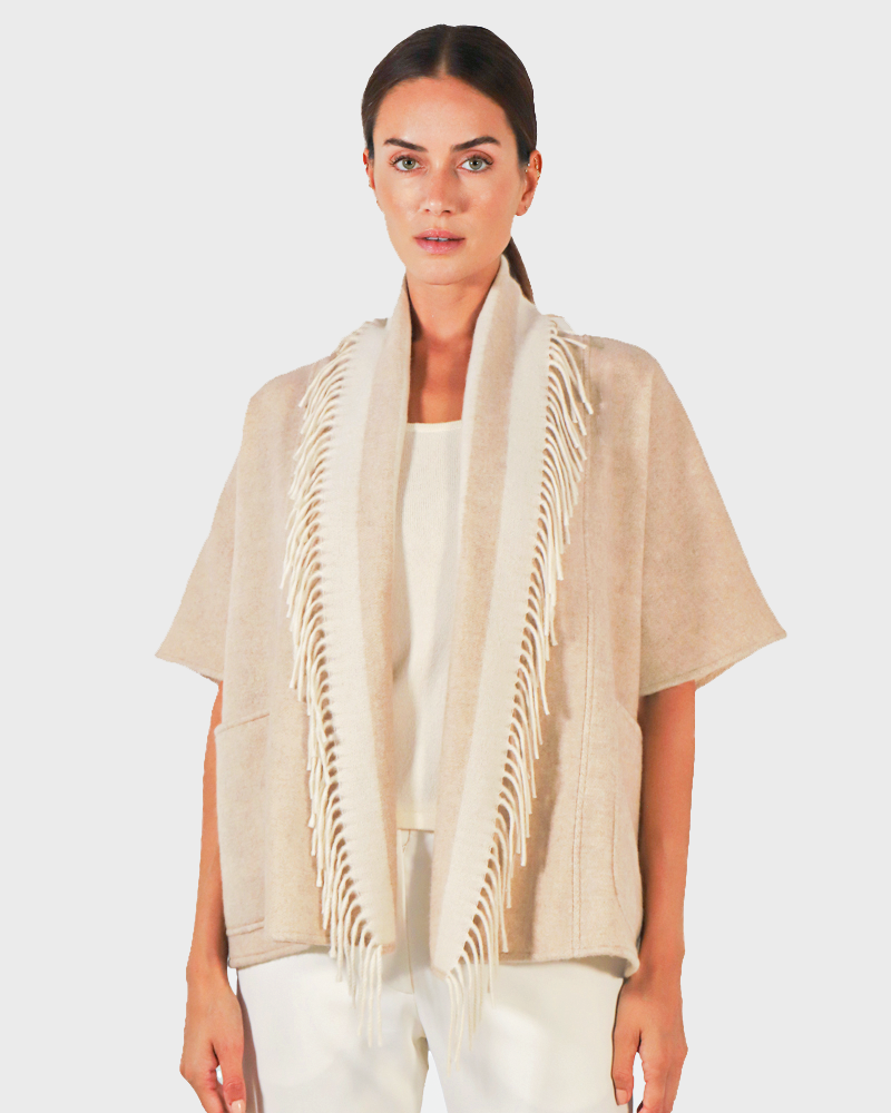 CASHMERE DOUBLE FACE  FRINGE REVERSIBLE CAPE: IVORY-TAUPE
