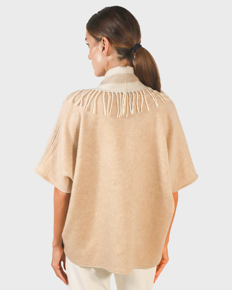 CASHMERE DOUBLE FACE  FRINGE REVERSIBLE CAPE: IVORY-TAUPE