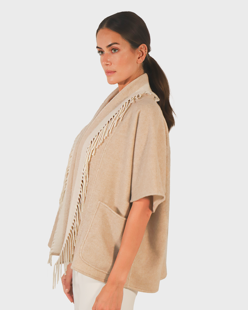 CASHMERE DOUBLE FACE  FRINGE REVERSIBLE CAPE: IVORY-TAUPE
