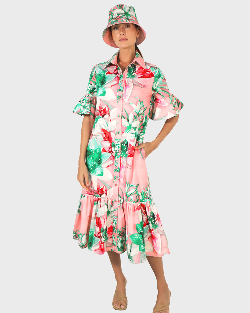 SHIRT DRESS: NO WAIST WITH RUFFLES: CHELSEA: PINK