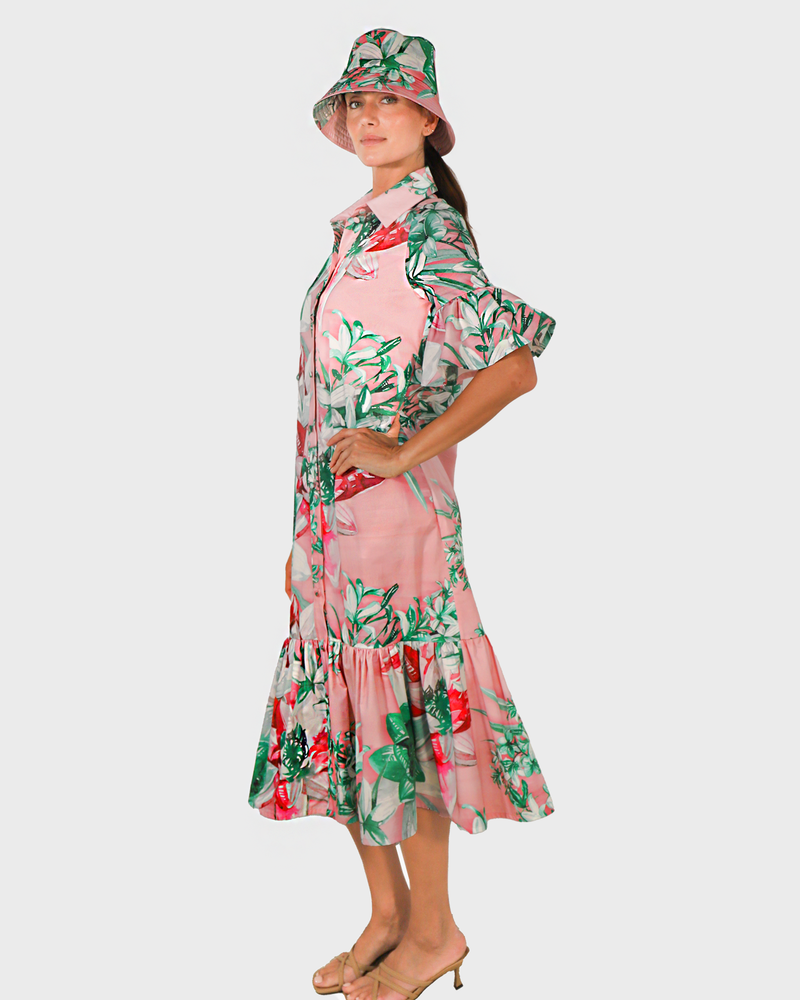 SHIRT DRESS: NO WAIST WITH RUFFLES: CHELSEA: PINK