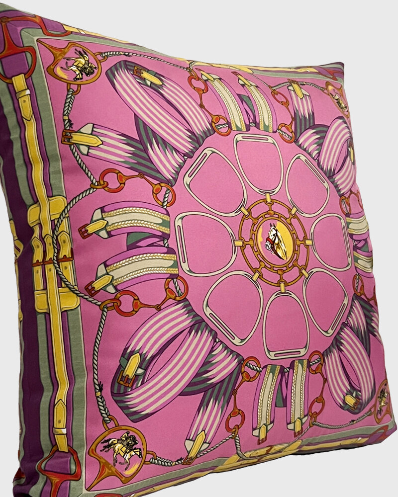 SILK PRINTED PILLOW ON BOTH SIDE: 16" X 16": STIRRUPS: FLAMINGO