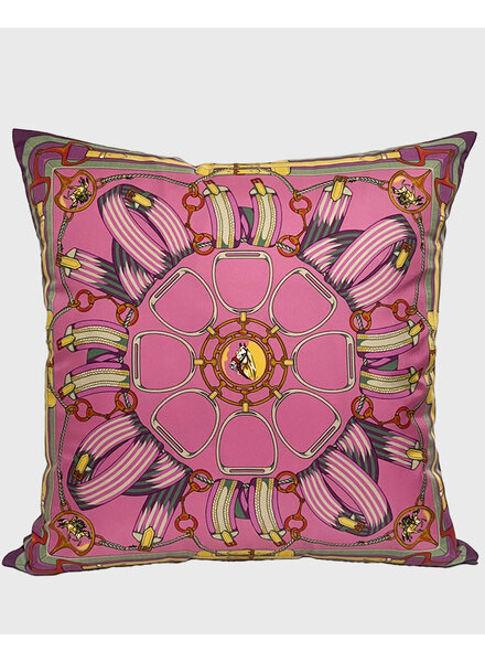 SILK PRINTED PILLOW ON BOTH SIDE: 16" X 16": STIRRUPS: FLAMINGO