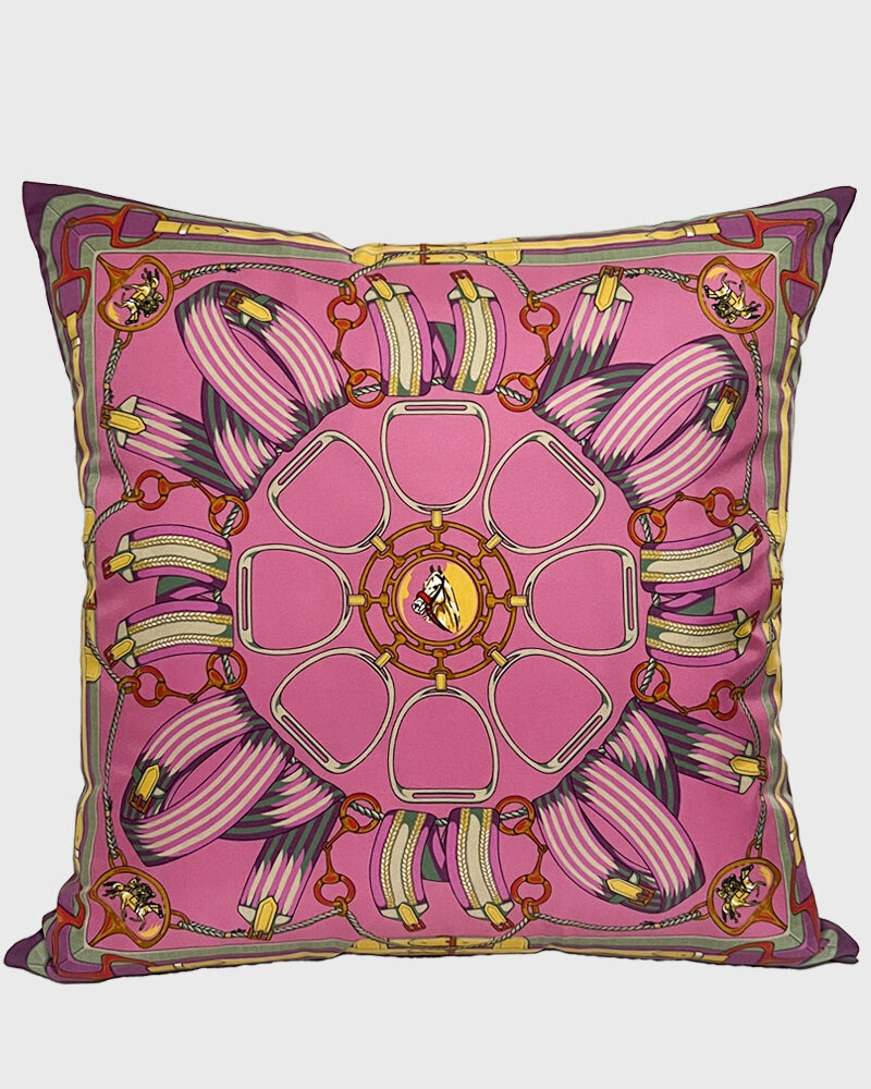 SILK PRINTED PILLOW ON BOTH SIDE: 16" X 16": STIRRUPS: FLAMINGO