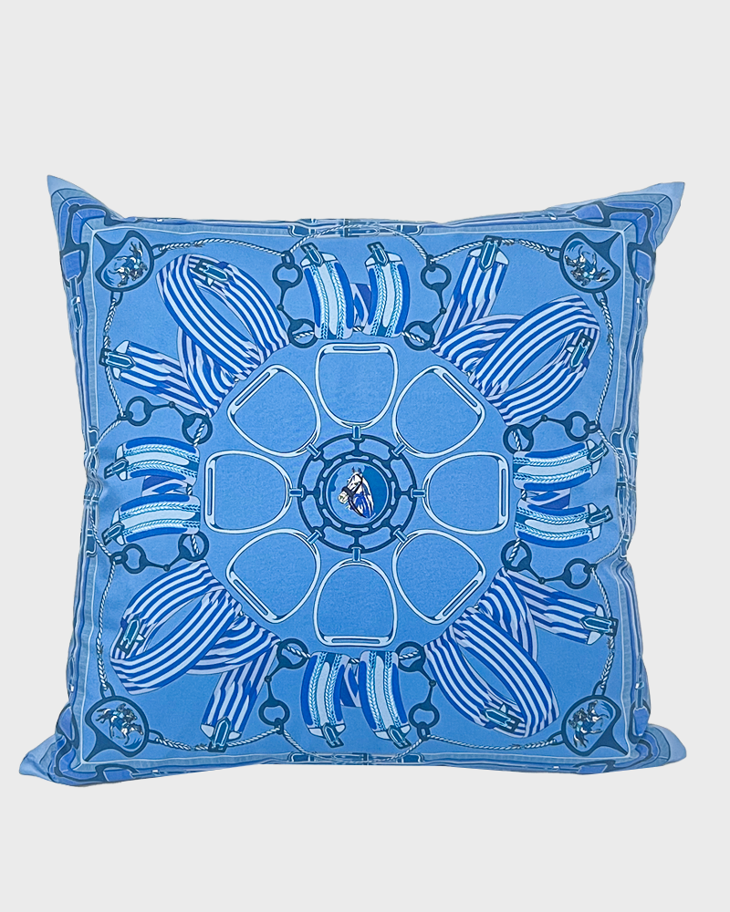 SILK PRINTED PILLOW ON BOTH SIDE: 16" X 16": STIRRUPS: OCEAN BLUE