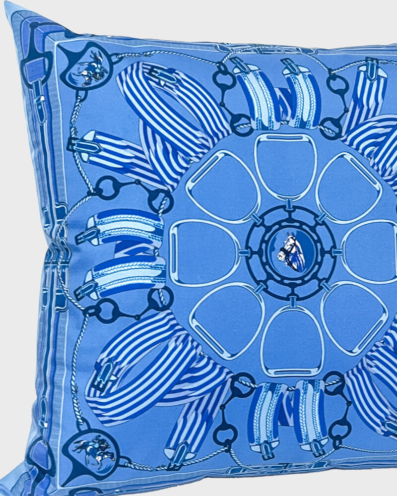 SILK PRINTED PILLOW ON BOTH SIDE: 16" X 16": STIRRUPS: OCEAN BLUE