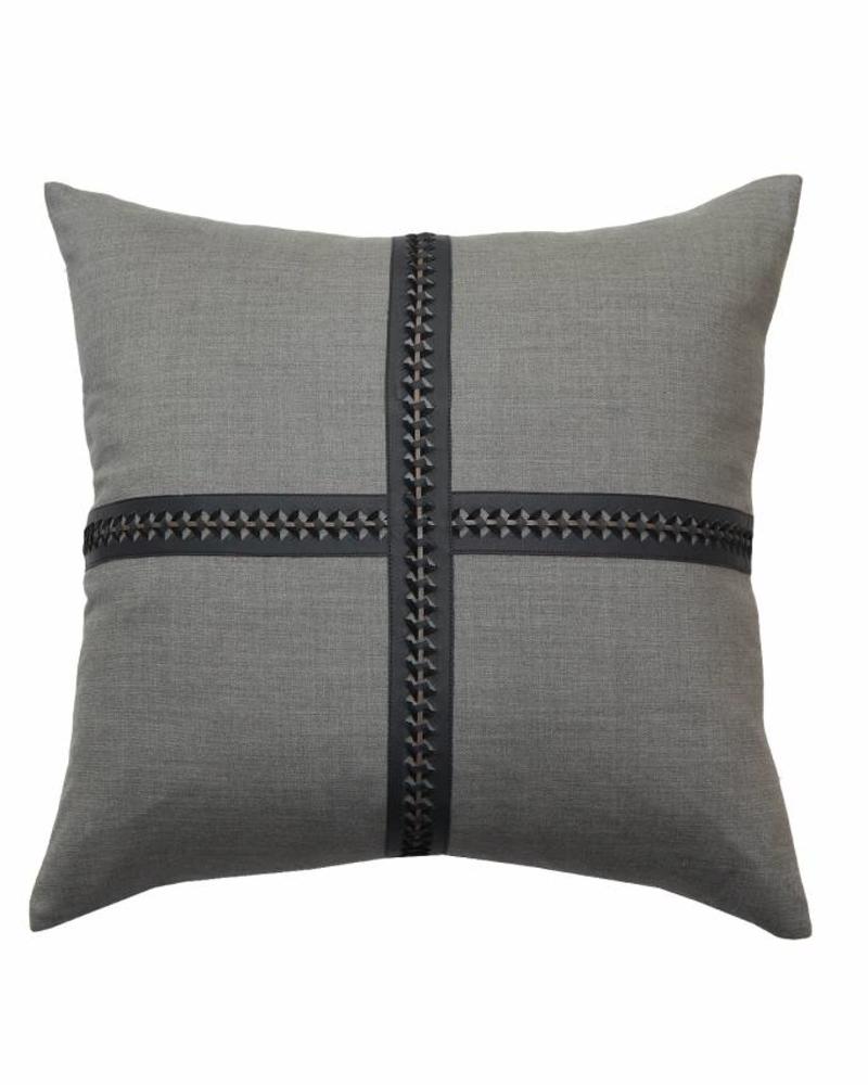WILLIAM PILLOW WOOL BASE WITH BRAIDED LEATHER: 21" X 21": CHARCOAL-MOCHA