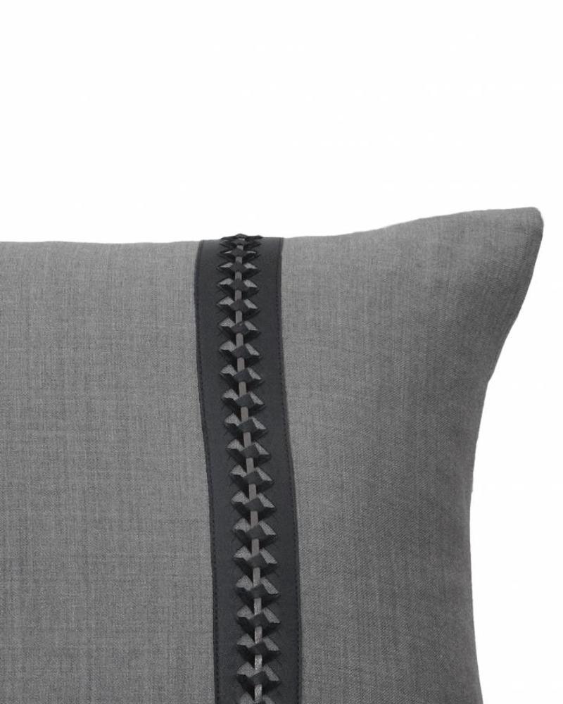 WILLIAM PILLOW WOOL BASE WITH BRAIDED LEATHER: 16" X 24": CHARCOAL-MOCHA
