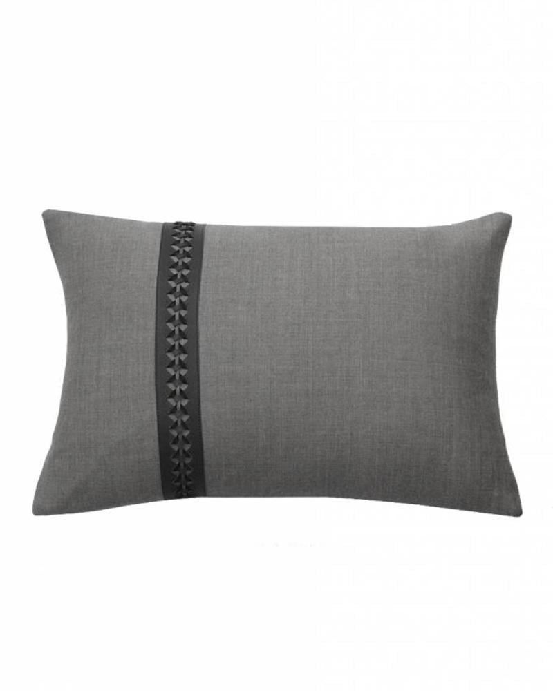 WILLIAM PILLOW WOOL BASE WITH BRAIDED LEATHER: 12" X 18": CHARCOAL-MOCHA