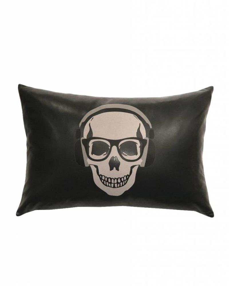 SKULL LEATHER PILLOW: 12" X 18": CHARCOAL