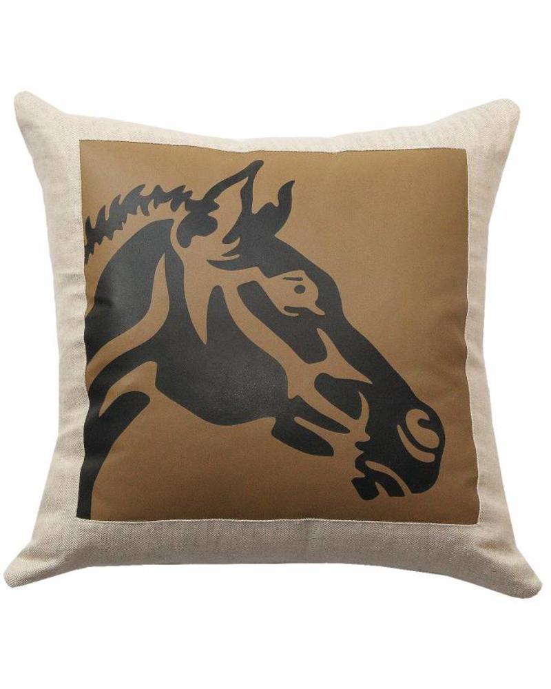 HORSE LINEN-LEATHER PILLOW: 21" X 21": BEIGE