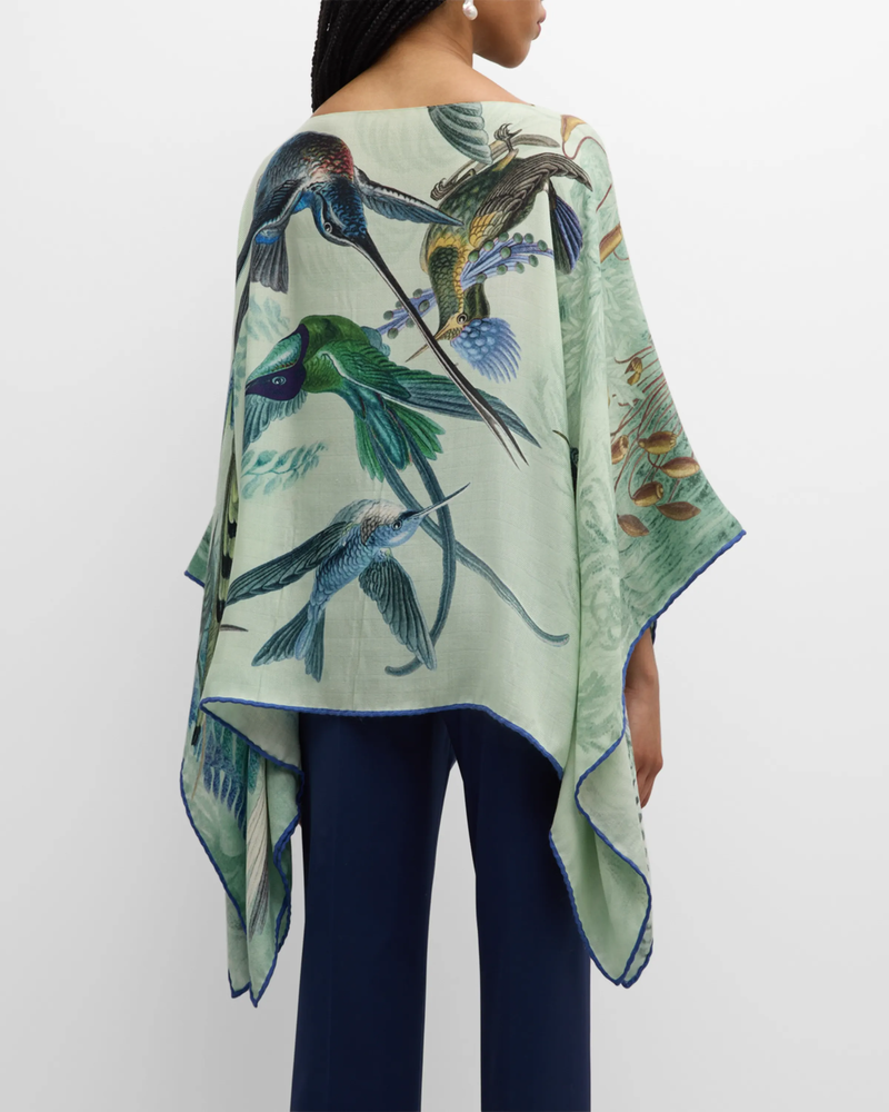 CASHMERE PRINTED PONCHO: HUMMING BIRD: GREEN