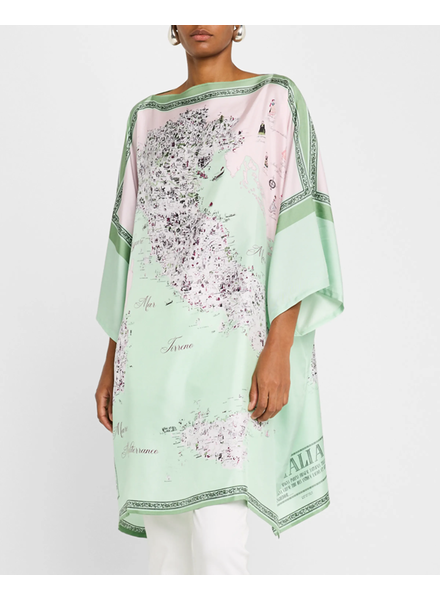 PRINTED SILK KAFTAN: MAP OF ITALY: CELADON