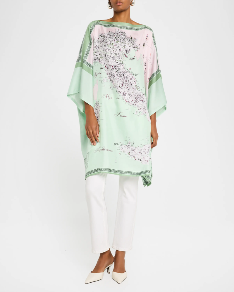 PRINTED SILK KAFTAN: MAP OF ITALY: CELADON