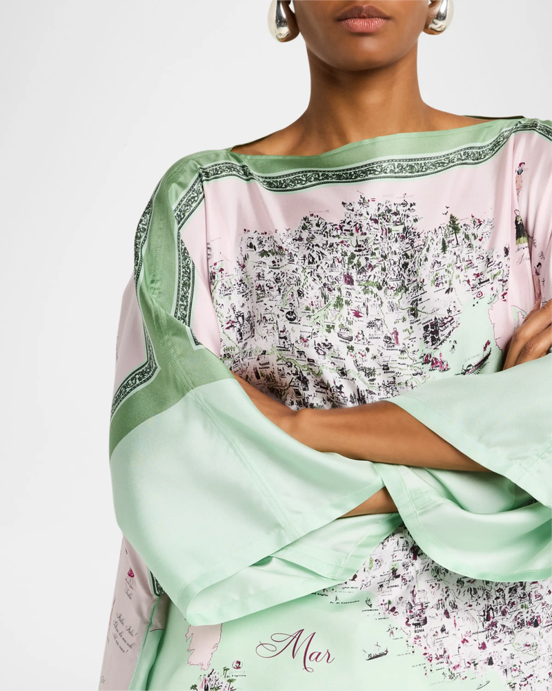 PRINTED SILK KAFTAN: MAP OF ITALY: CELADON