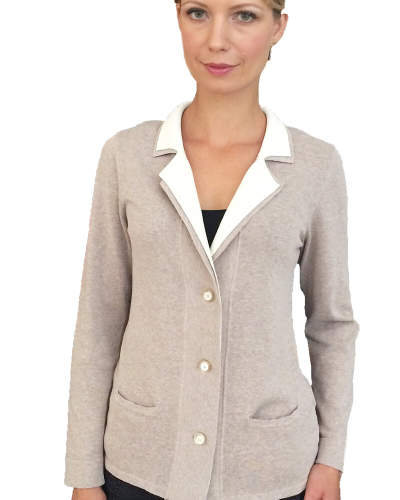 COTTON 3 BUTTONS CARDIGAN: TAUPE-IVORY