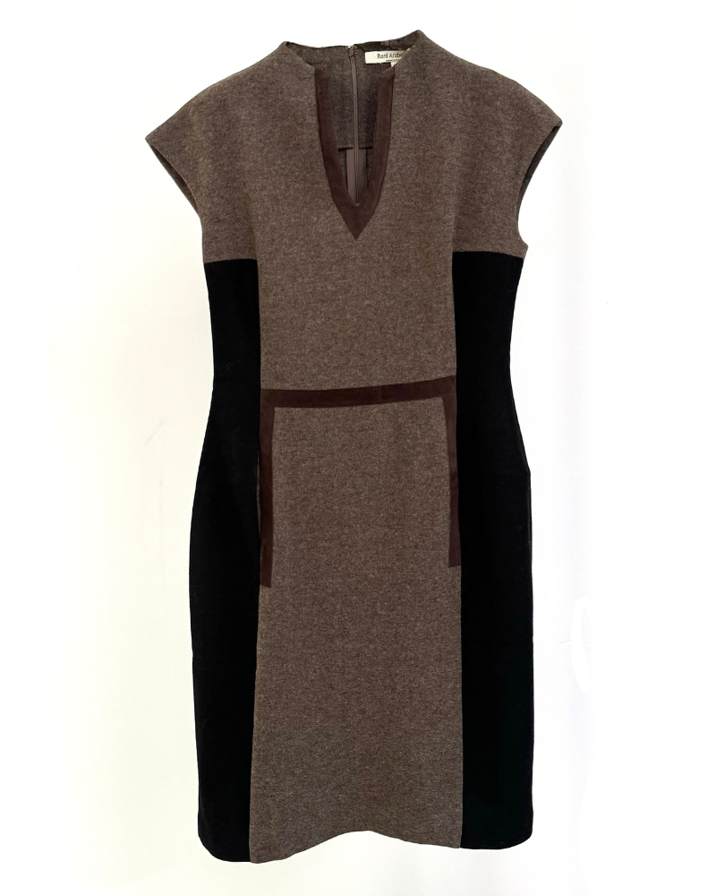 TWO-TONE DRESS: CASHMERE WOOL JERSEY: GRAY-BROWN: LARGE