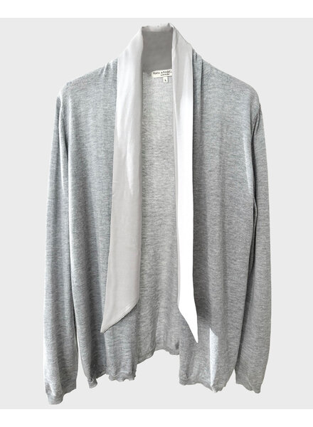 CASHMERE CARDIGAN WITH SILK COLLAR: LIGHT GRAY