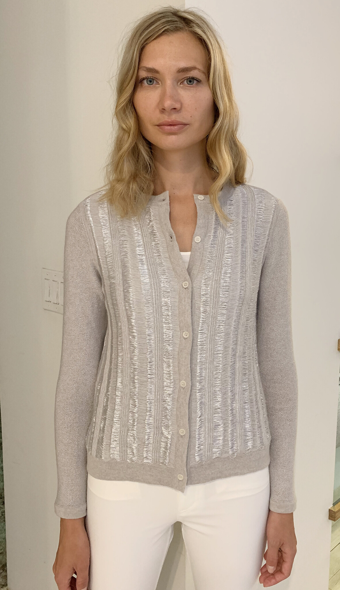 CASHMERE -LUREX CARDIGAN: PEARL-SILVER - RANI ARABELLA CASHMERE -LUREX CARDIGAN: PEARL-SILVER - RANI ARABELLA