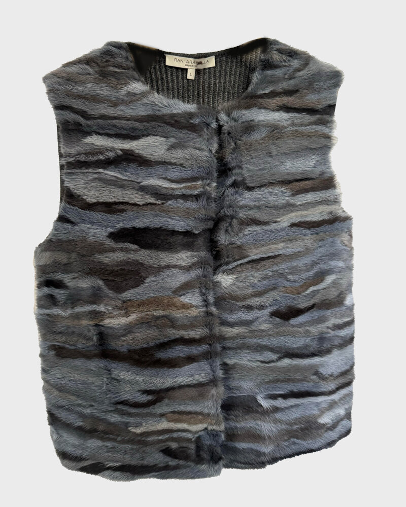 MINK FRONT VEST WITH CASHMERE RIB BACK: BLUE-GRAY