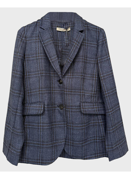 WOOL-SILK-LINE 2 BUTTON BLAZER W/ LEATHER DETAILS: NAVY PLAID