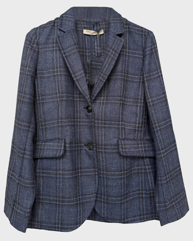 WOOL-SILK-LINE 2 BUTTON BLAZER W/ LEATHER DETAILS: NAVY PLAID